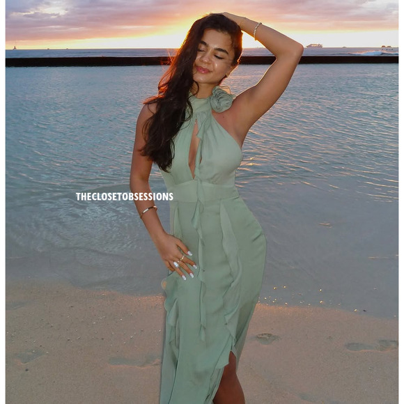 💚 ZARA Halter Neck Midi Dress NWT | Sea Green Ruffle Floral Detail M/L - Picture 13 of 16